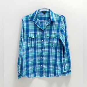 Lauren Ralph Lauren Button Down Shirt Women M Blue Green Plaid 100% Cotton